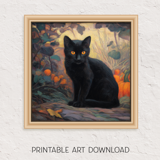 Halloween Forest Cat Art Print: Spooky Fall Decor (Digital Download, 5 Sizes Included)