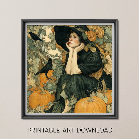 Art Nouveau Halloween Print: Vintage Fall Portrait Decor (Digital Download, 5 Sizes Included)