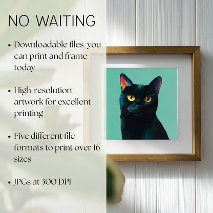 Halloween Printable Black Cat Wall Art, Original Artwork with 5 Aspect Ratios Included, Instant Digital Download, Printable Halloween Art