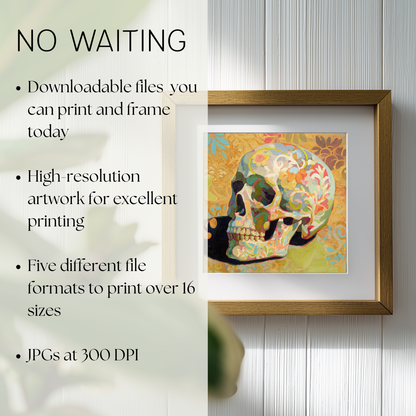 Halloween Printable Floral Skull Wall Art, Original Artwork with 5 Sizes Included