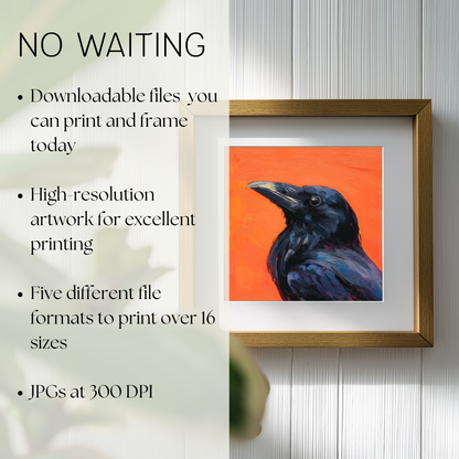 Halloween Printable Raven Wall Art, Original Artwork with 5 Sizes Included, Instant Digital Download for Halloween, Printable Square Art