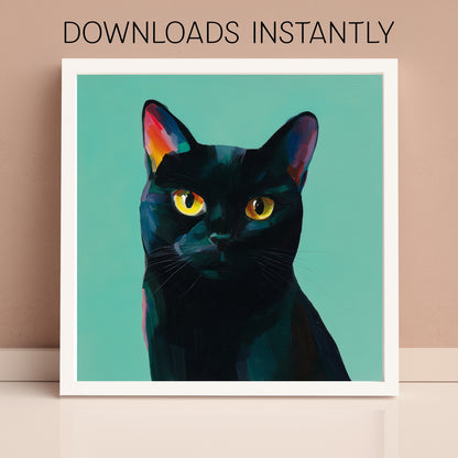 Halloween Printable Black Cat Wall Art, Original Artwork with 5 Aspect Ratios Included, Instant Digital Download, Printable Halloween Art
