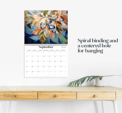 This calendar has a spiral binding and a centered hole for hanging.