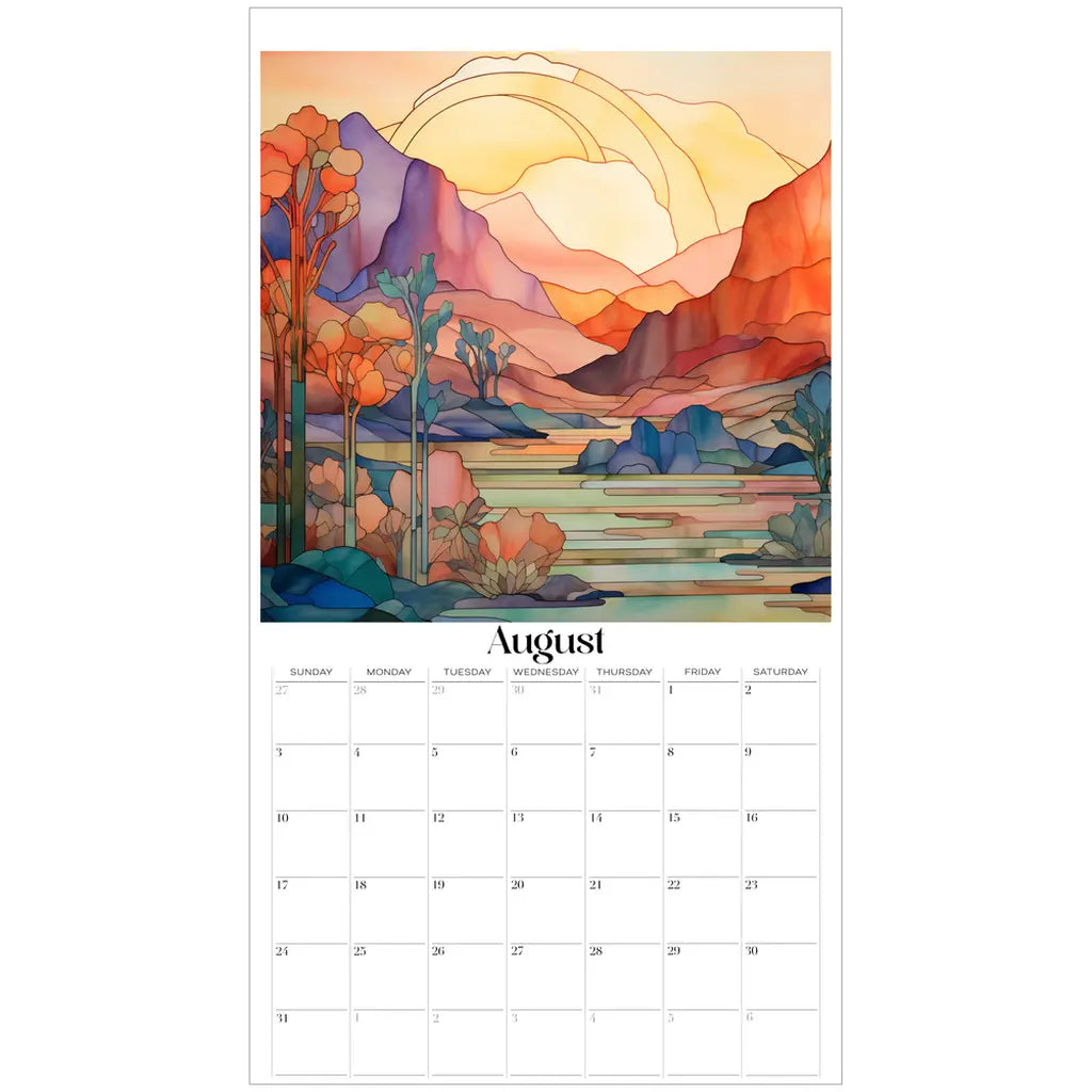 The 2025 Desert Landscapes Large Wall Calendars August page features a vibrant sunrise or sunset over mountains and a river in a colorful abstract style, with dates arranged in a Sunday-starting grid format below the botanical illustrations.