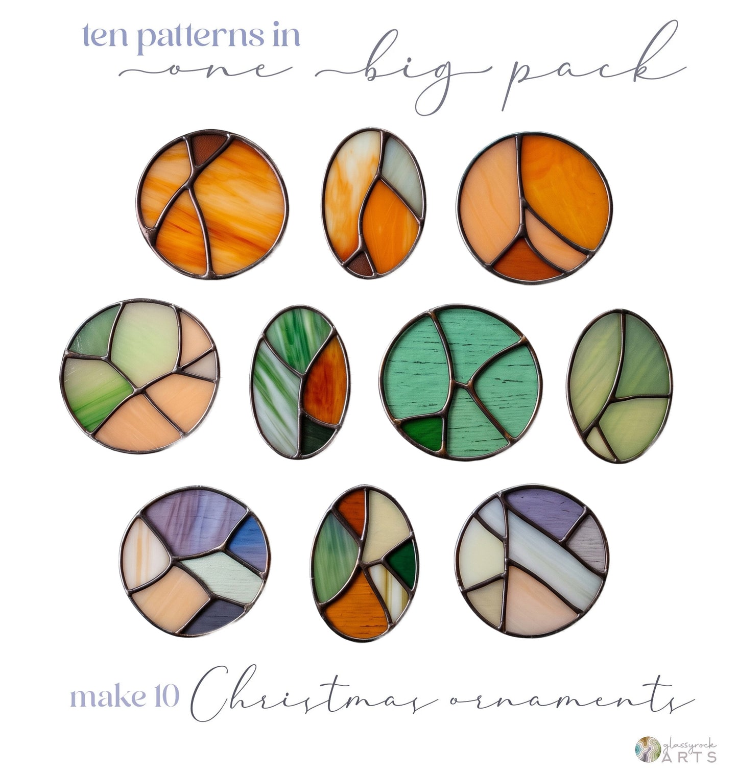 Stained Glass Christmas Ornaments Pattern 10 Pack