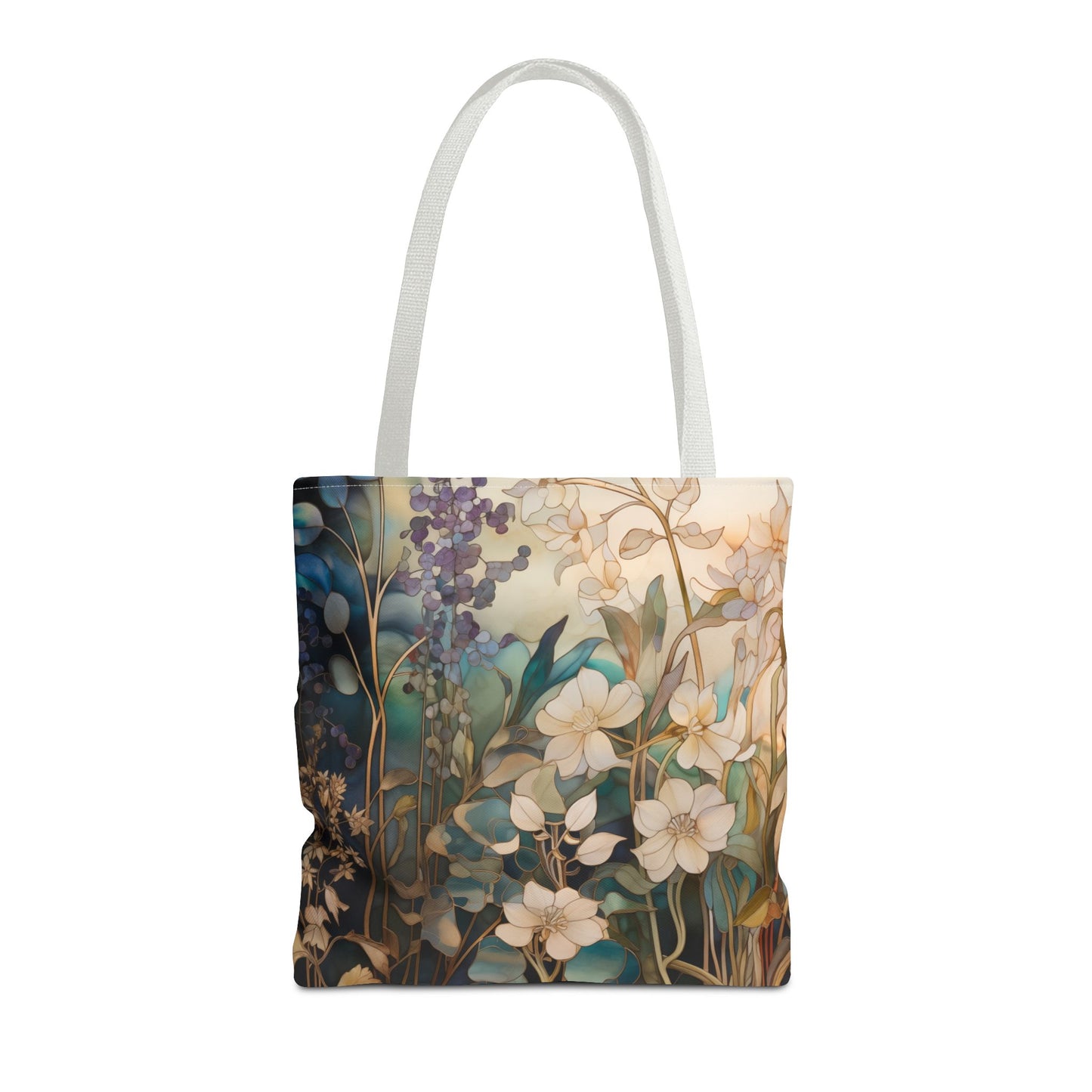 Introducing the Stained Glass Midnight Flowers Tote Bag, available in 3 sizes; this durable polyester tote bag showcases an artistic print of white and blue floral designs against a gradient background, evoking the elegance of stained glass.