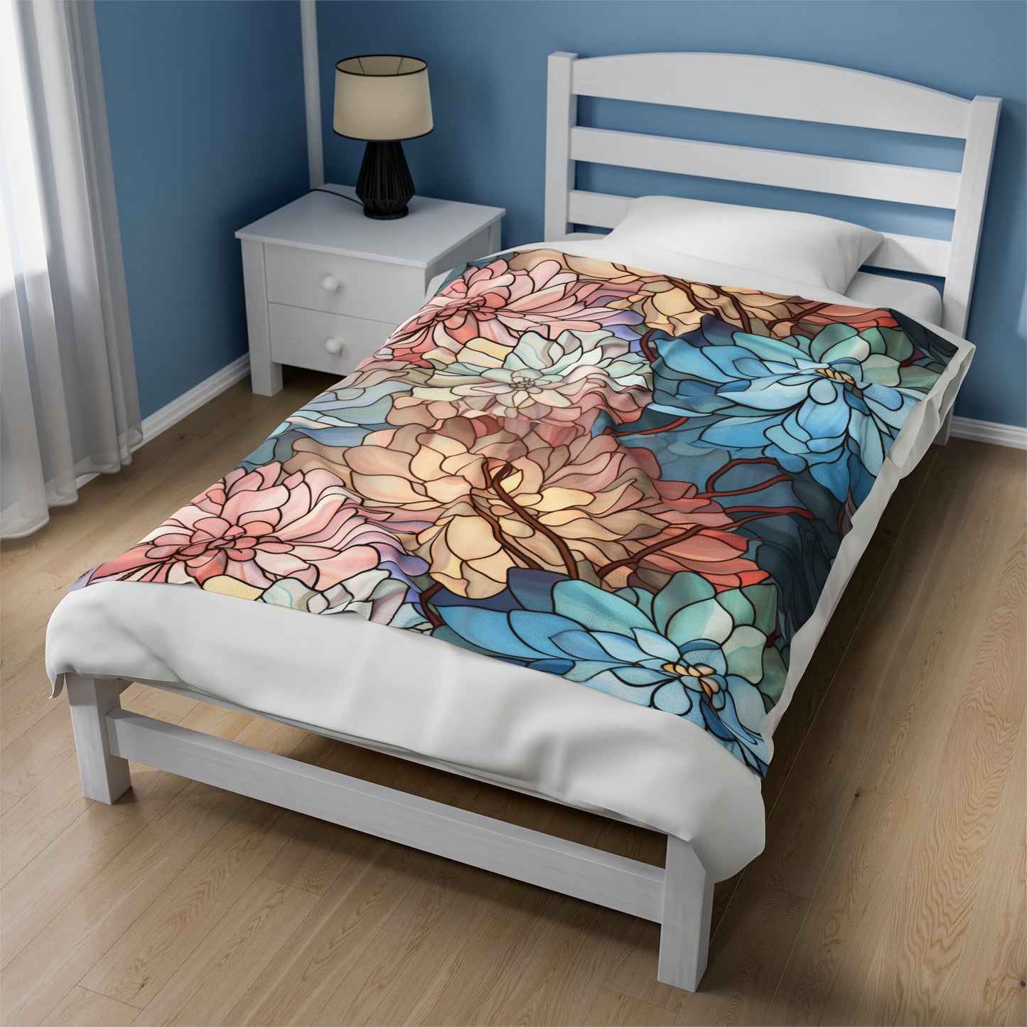 A picture of the Stained Glass Flowers Soft Plush Blanket from GlassyRock Arts. 