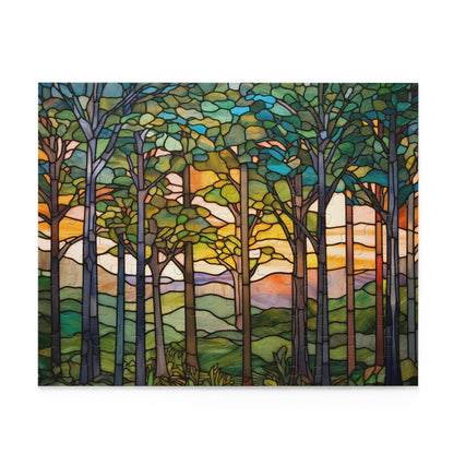 A colorful image of a stained glass-inspired forest jigsaw puzzle with green trees and hills and blue sky. 