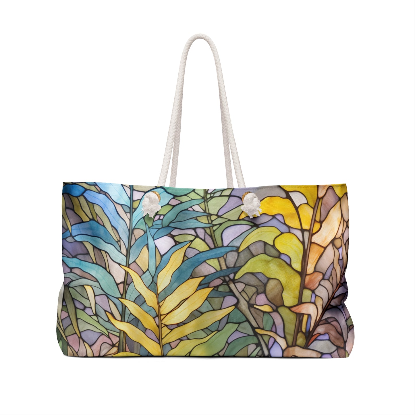 An image of the Stained Glass Ferns Weekender Oversized Tote Bag,white rope handles, by GlassyRock Arts