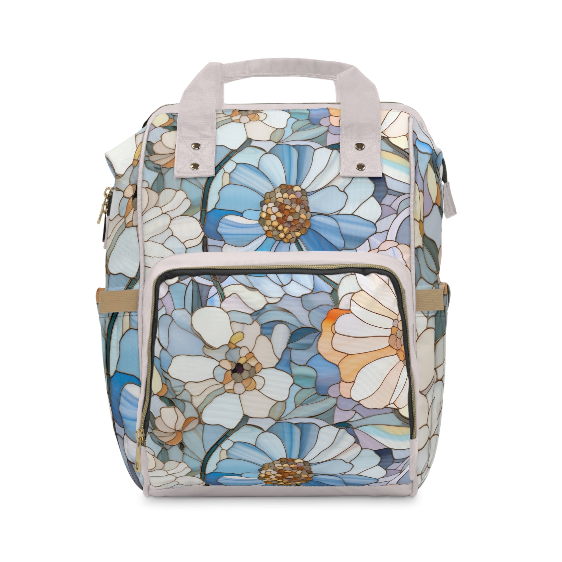 A picture of the Stained Glass Flowers Multi-Purpose Diaper Backpack from GlassyRock Arts. 