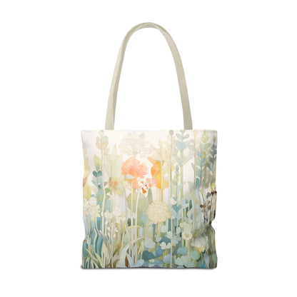 The Stained Glass Pastel Flowers Tote Bag, available in 3 sizes, features an original artists design of pastel-colored flowers and leaves in soft peach, cream, and green. Made from durable polyester, it includes long light-colored handles for easy carrying.