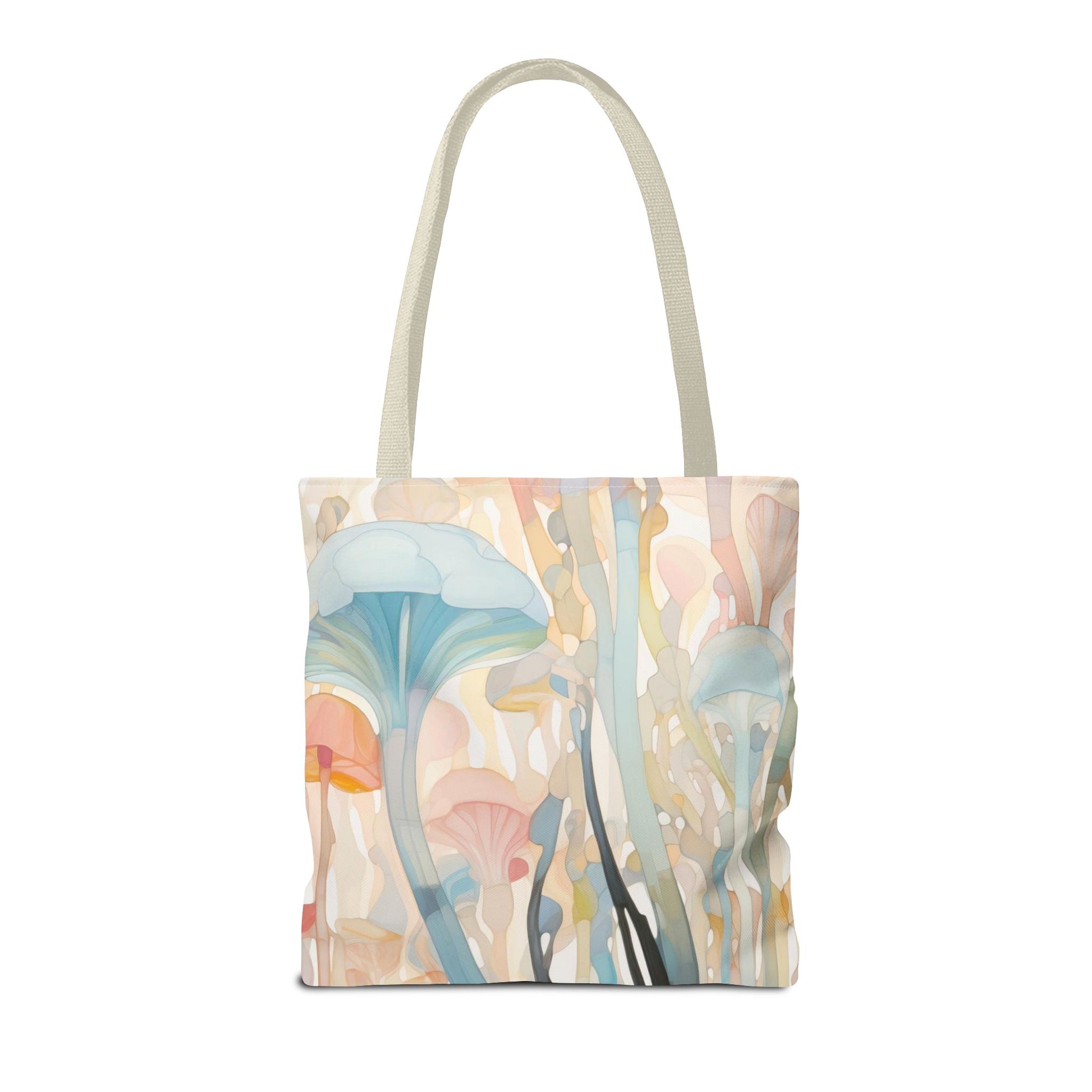 The Groovy Rainbow Mushrooms Stained Glass Tote Bag features a whimsical design with pastel mushrooms and abstract florals in blue, pink, and orange. Made from durable polyester with light gray handles, it offers a soft, dreamy look. Available in 3 sizes for stylish utility.