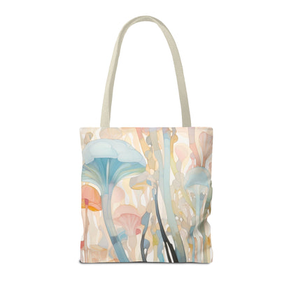 The Groovy Rainbow Mushrooms Stained Glass Tote Bag features a whimsical design with pastel mushrooms and abstract florals in blue, pink, and orange. Made from durable polyester with light gray handles, it offers a soft, dreamy look. Available in 3 sizes for stylish utility.