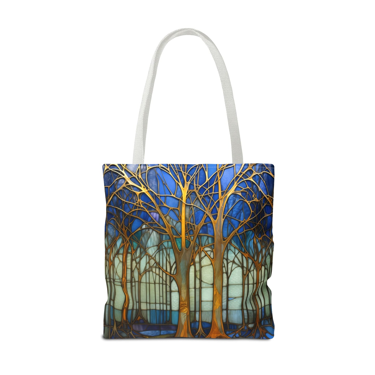 The Stained Glass Forest Tote Bag, available in blue and three sizes, showcases an original design of bare trees mingling against a blue-green backdrop. Its crafted from durable polyester for lasting beauty.