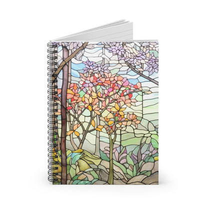 A picture of the Stained Glass Spring Forest Lined Spiral Notebook from GlassyRock Arts. 