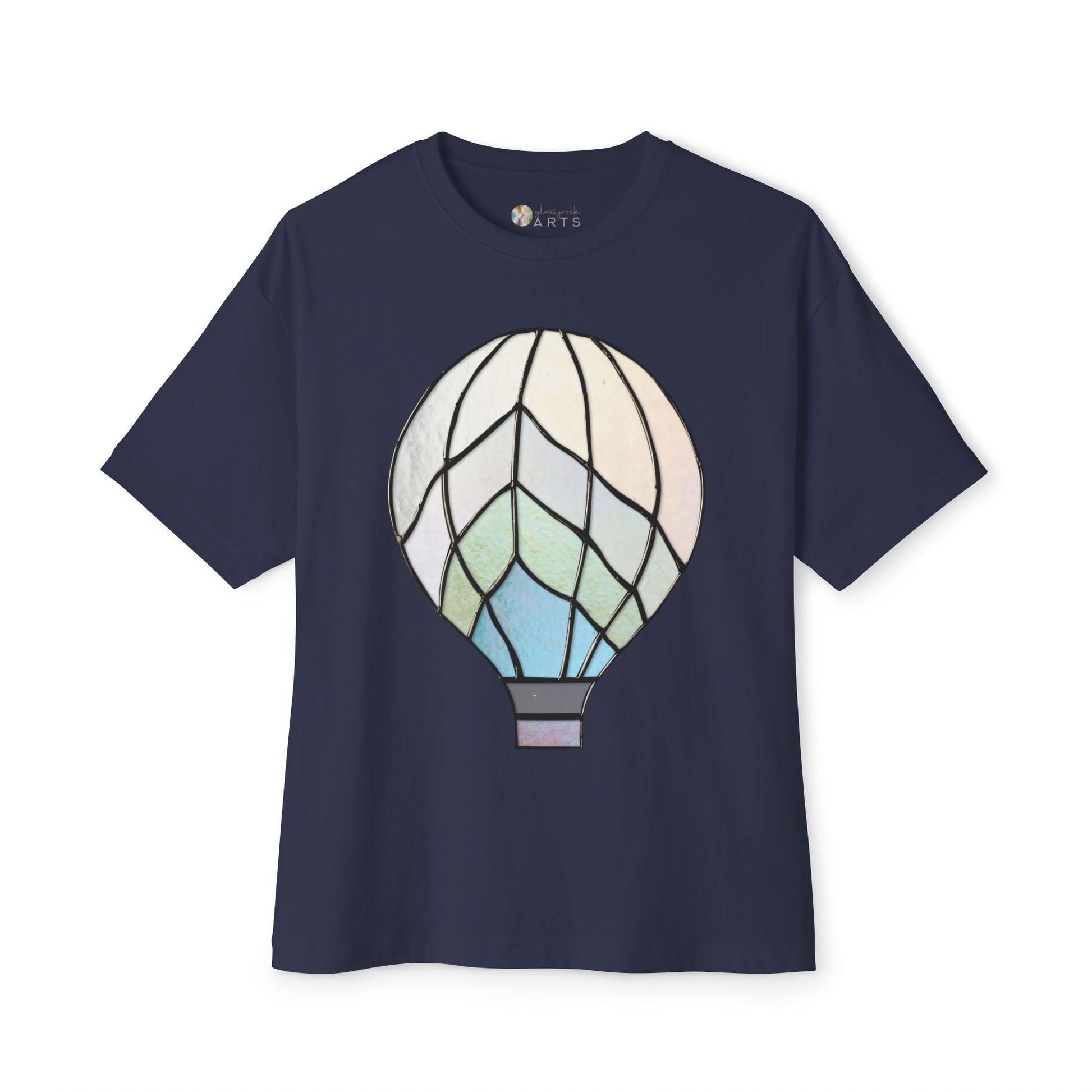 Navy blue Stained Glass Hot Air Balloon Oversized Tee Shirt with a stylized stained glass hot air balloon design on the front.