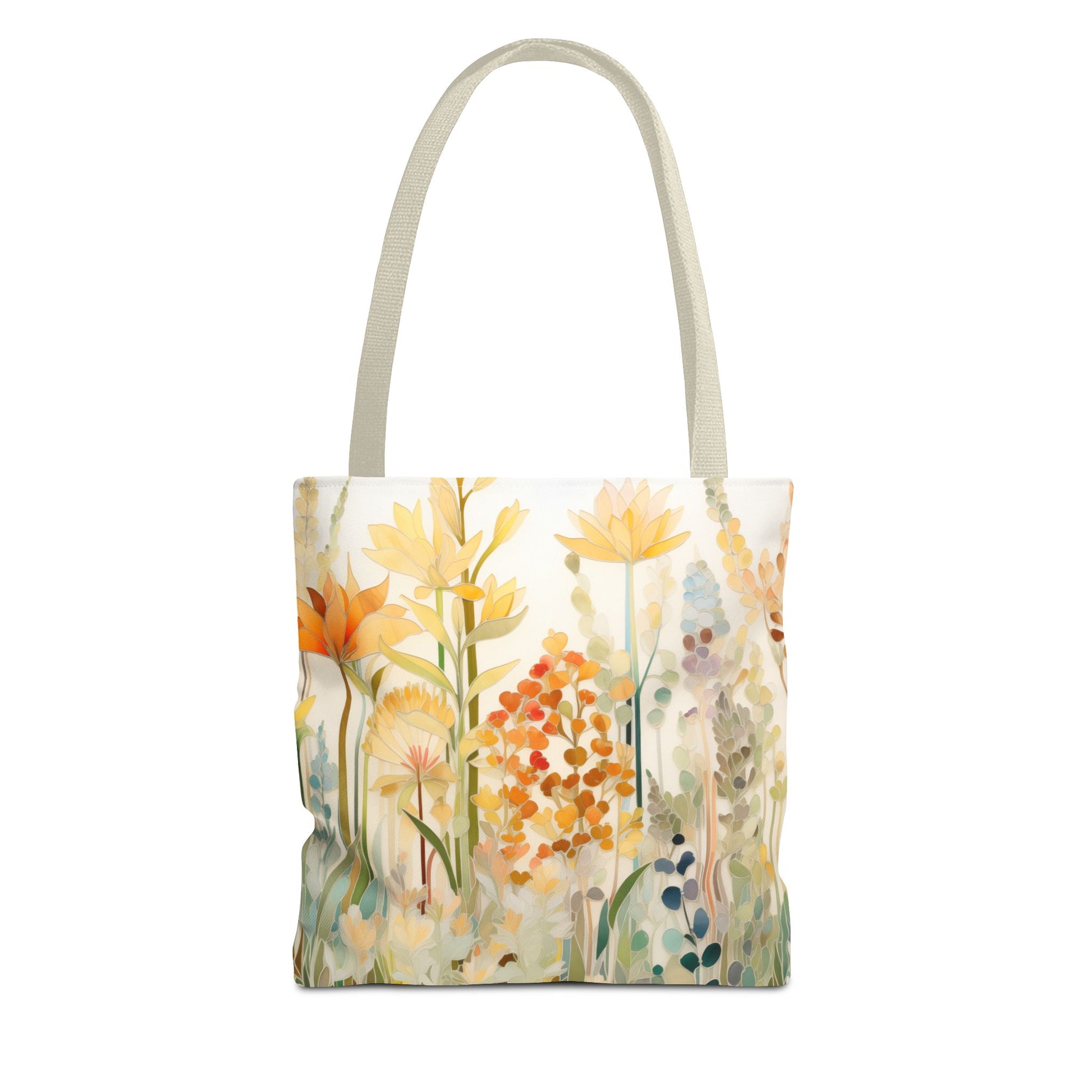 The Stained Glass Fall Flowers Tote Bag showcases an original design of wildflowers in yellow, orange, and green on a soft white background. Made from durable polyester with light gray handles, it perfectly complements the floral theme and is available in 3 sizes.