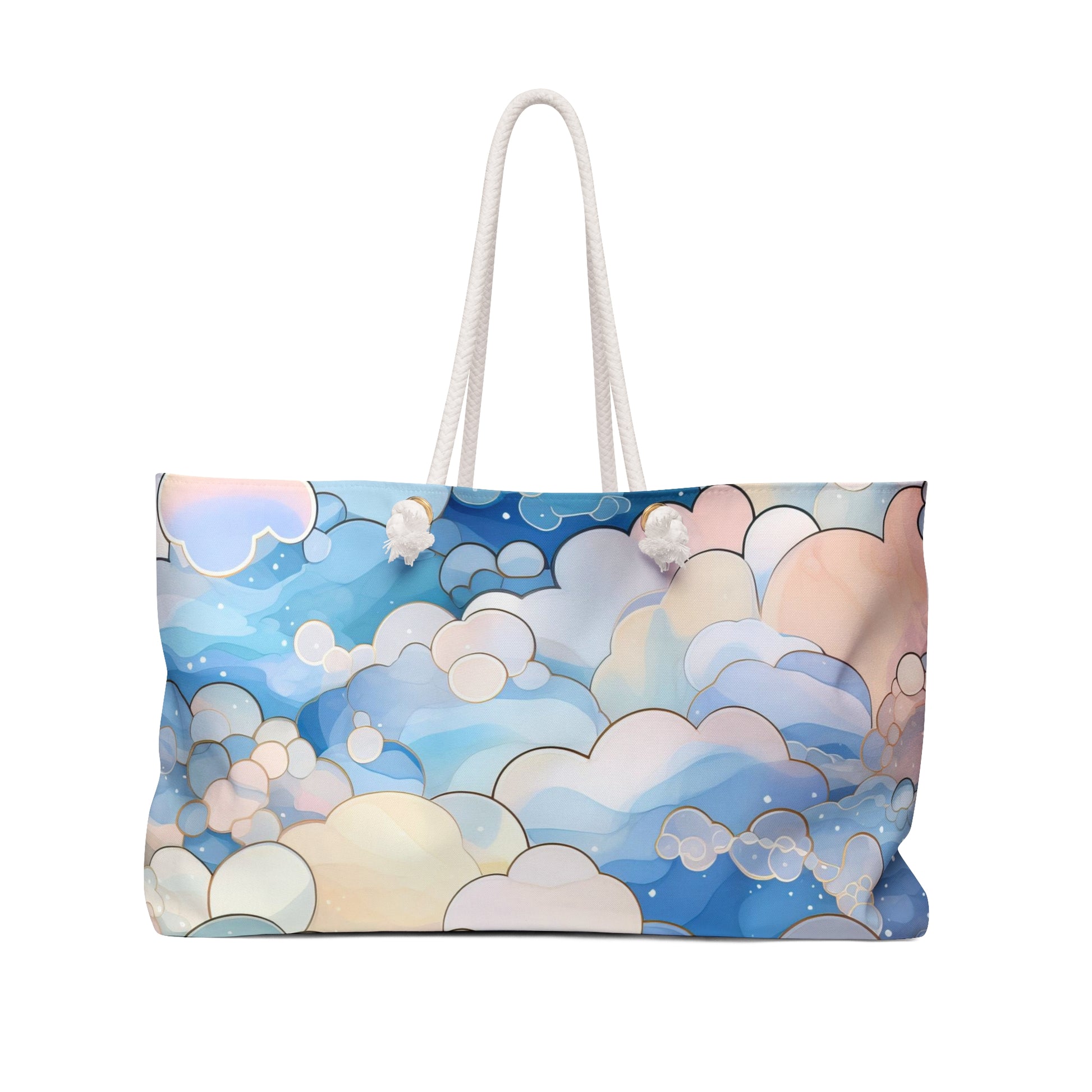 An image of the Stained Glass Clouds Oversized Tote Bag, Blue,white rope handles, by GlassyRock Arts