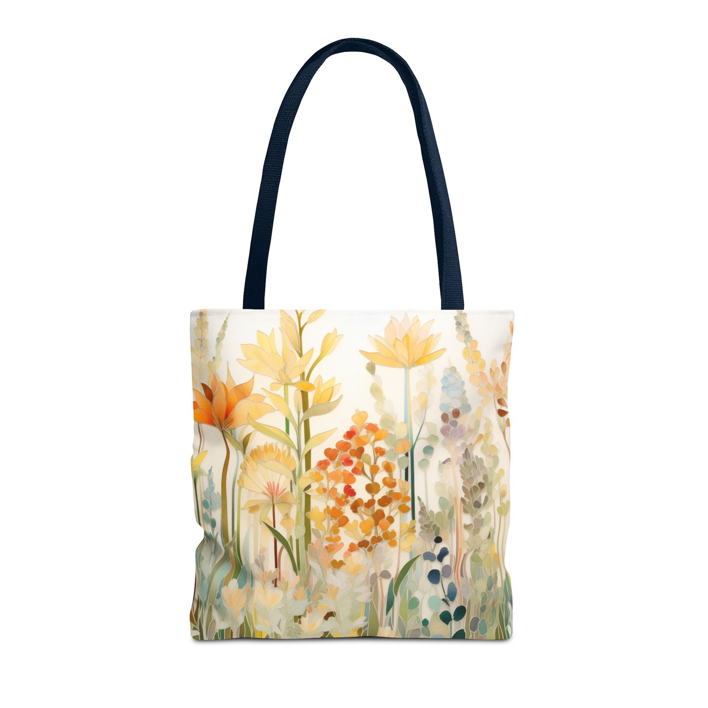 The Stained Glass Fall Flowers Tote Bag, with dark handles, features an original artist design of tall abstract flowers in yellow, orange, and green on a light background. Made from durable polyester, its ideal for everyday use. Available in three sizes.