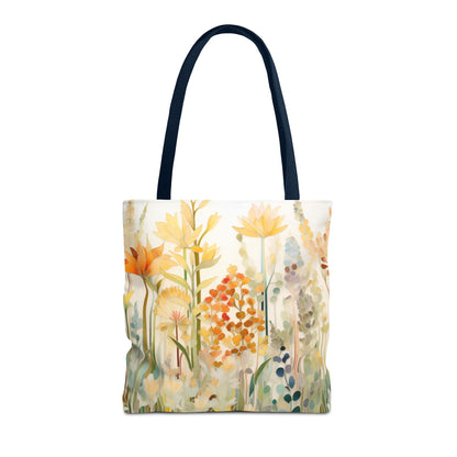 The Stained Glass Fall Flowers Tote Bag, made from durable polyester materials, features black handles and a floral pattern of yellow, orange, and beige flowers on a light background. This stylish tote bag is available in three sizes.