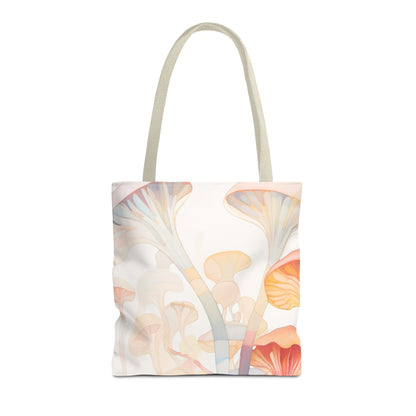 The Groovy Rainbow Mushrooms Stained Glass Tote Bag displays an abstract mushroom design in pastel orange, yellow, and gray on a light background. Made from durable polyester, it has sturdy beige handles for easy carrying. Available in 3 sizes.