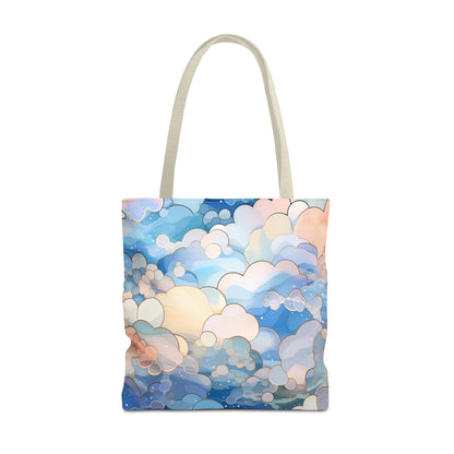 The Stained Glass Clouds Tote Bag features a polyester abstract cloud design in blue, peach, and teal on white, evoking a dreamy sky. Equipped with light beige handles, it combines style and durability for daily use. Available in 3 sizes.