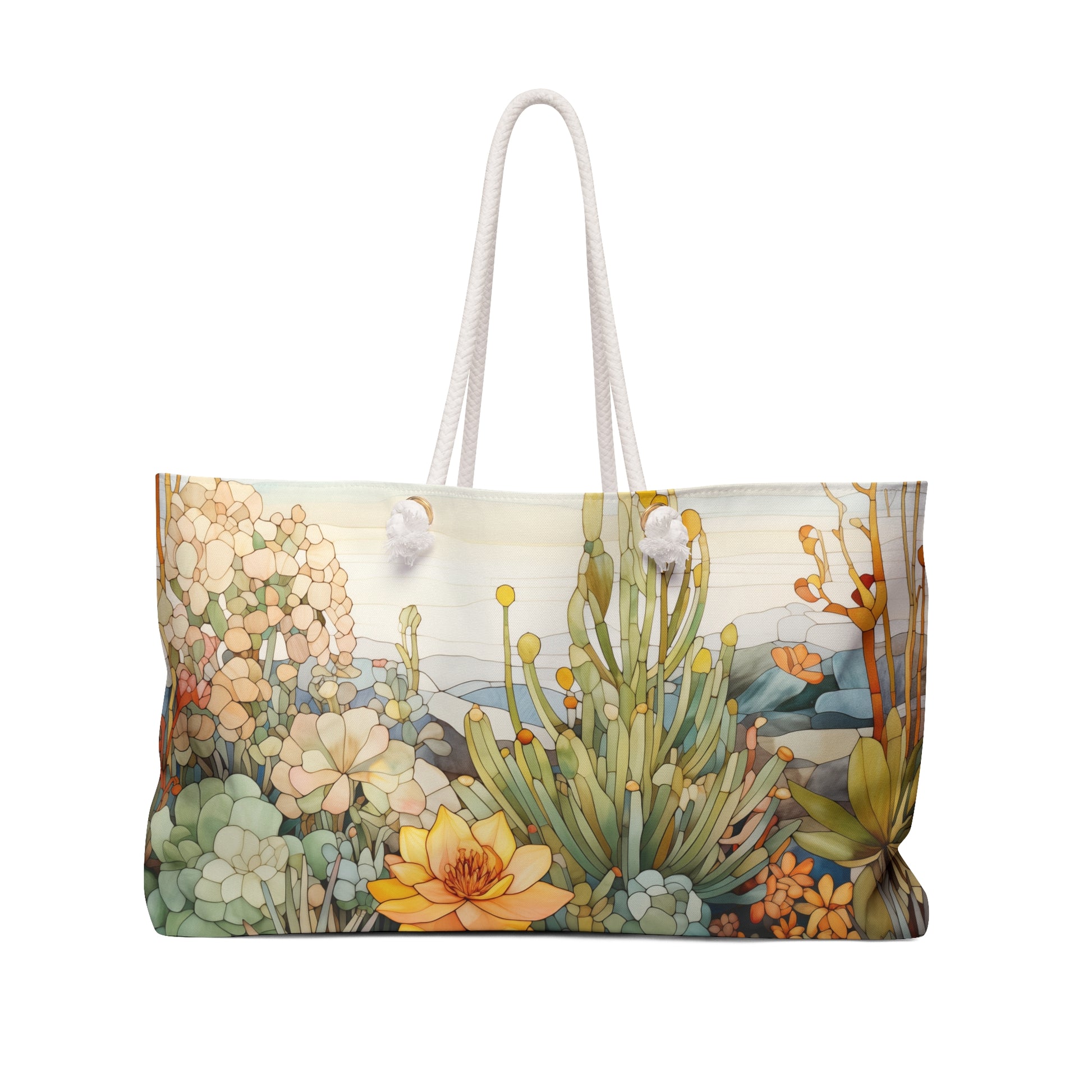 An image of the Stained Glass Desert Cactus Oversized Tote Bag,white rope handles, by GlassyRock Arts