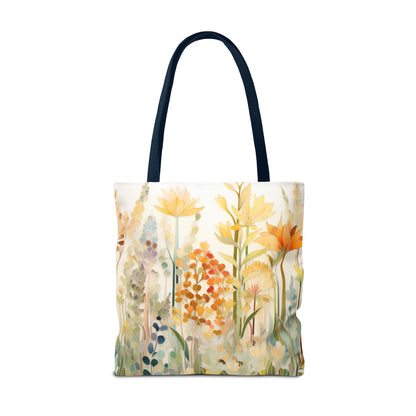 The Stained Glass Fall Flowers Tote Bag, available in 3 sizes, has handles and is crafted from durable polyester materials. It features an original artist's illustrated pattern of colorful wildflowers in shades of orange, yellow, and light blue set against a white background, evoking the beauty and intricacy of stained glass art.