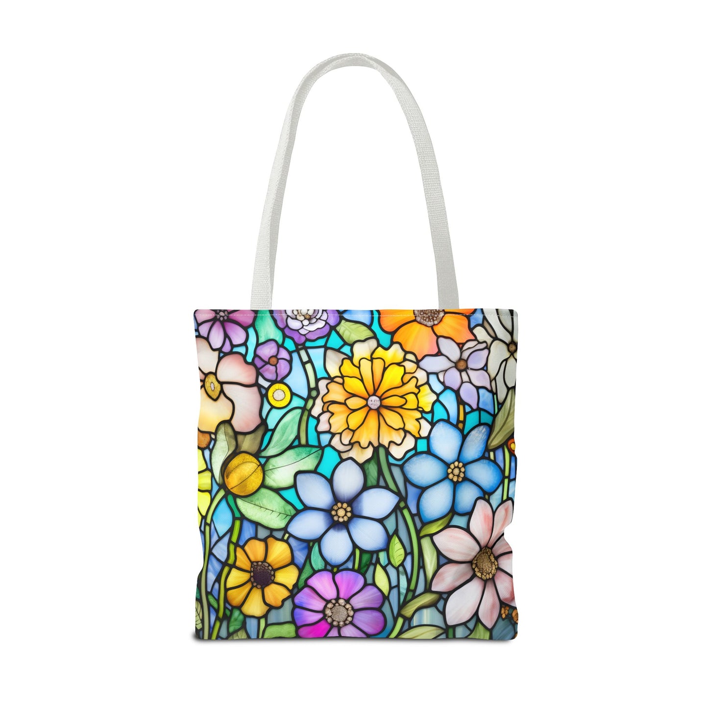 Introducing the Stained Glass Folk Art Flowers Tote Bag, featuring a vibrant floral pattern with various colorful flowers and green stems, crafted from durable polyester materials. Available in three sizes.