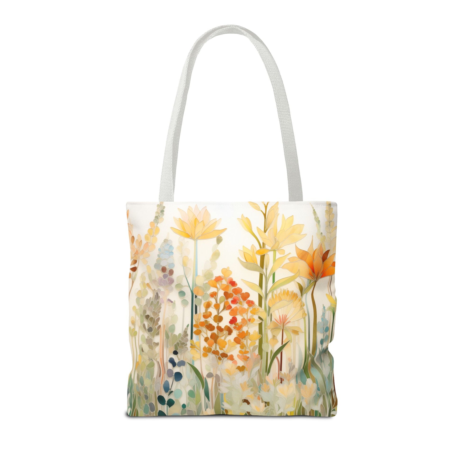 Introducing the Stained Glass Fall Flowers Tote Bag, featuring an original artist design with abstract flowers in vibrant shades of yellow, orange, and green. Crafted from durable polyester, this tote bag showcases white handles and a pristine white background. Available in three sizes to suit your needs.