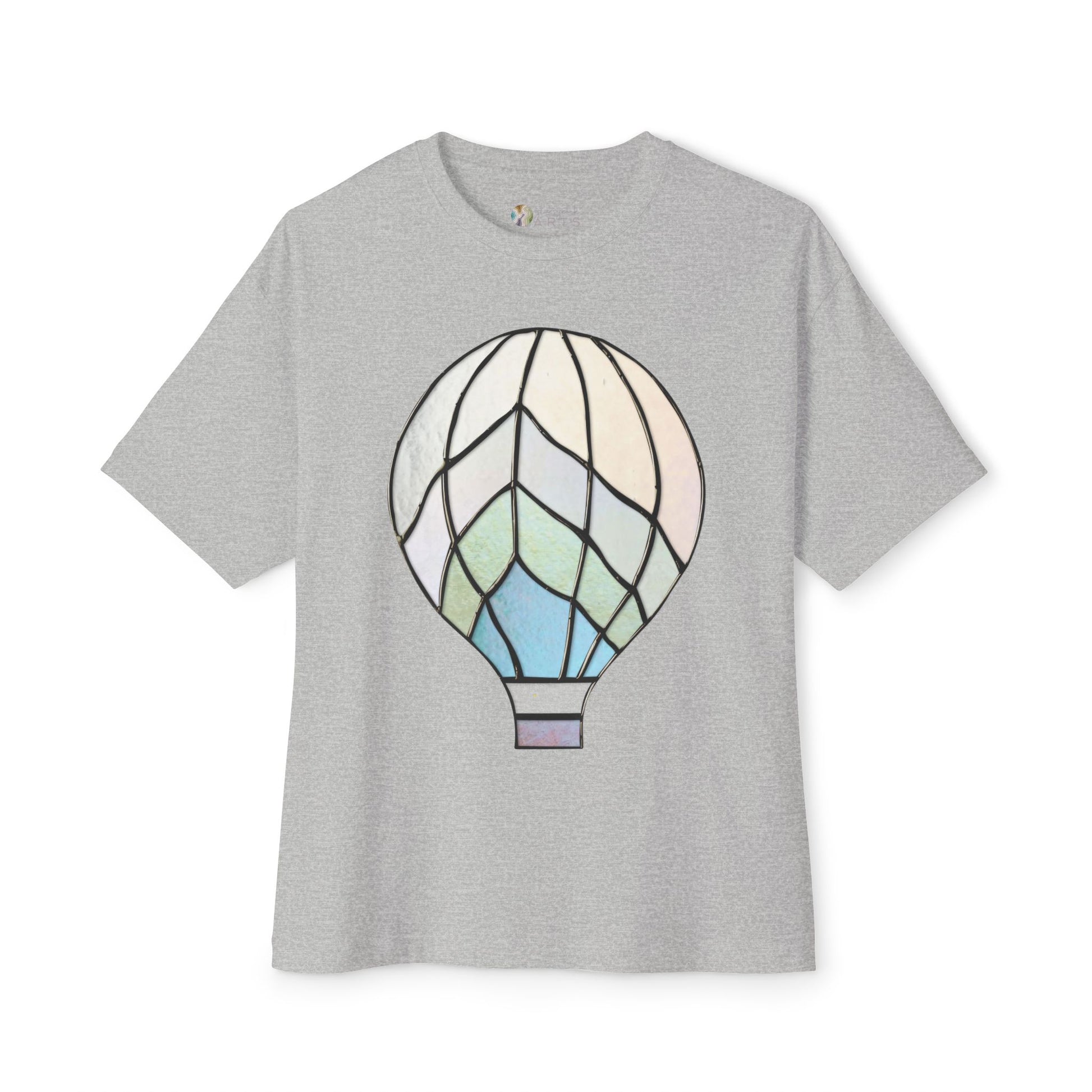 The Stained Glass Hot Air Balloon Oversized Tee Shirt from Bella+Canvas features a stunning stained-glass design of a hot air balloon on the front.