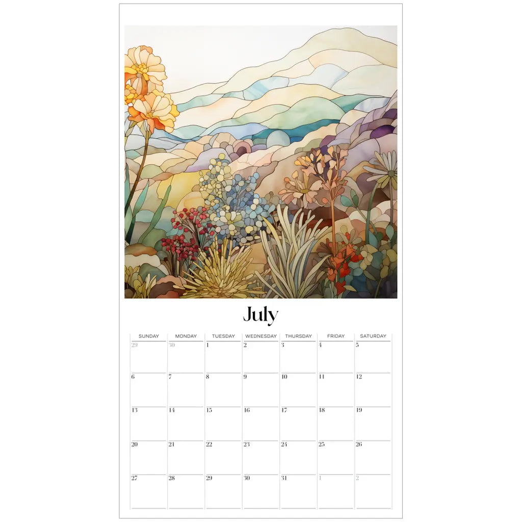 The July page of the 2025 Desert Landscapes Large Wall Calendar beautifully showcases an artistic landscape with abstract hills, blooming flowers, and foliage in orange, yellow, blue, and green. The calendar grid is elegantly positioned below the vibrant botanical illustration.