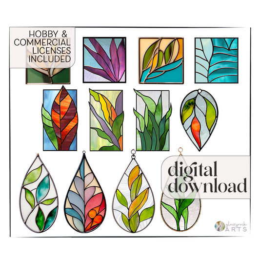 A picture of the Modern Stained Glass Leaf Patterns Pack of 12 from GlassyRock Arts. 