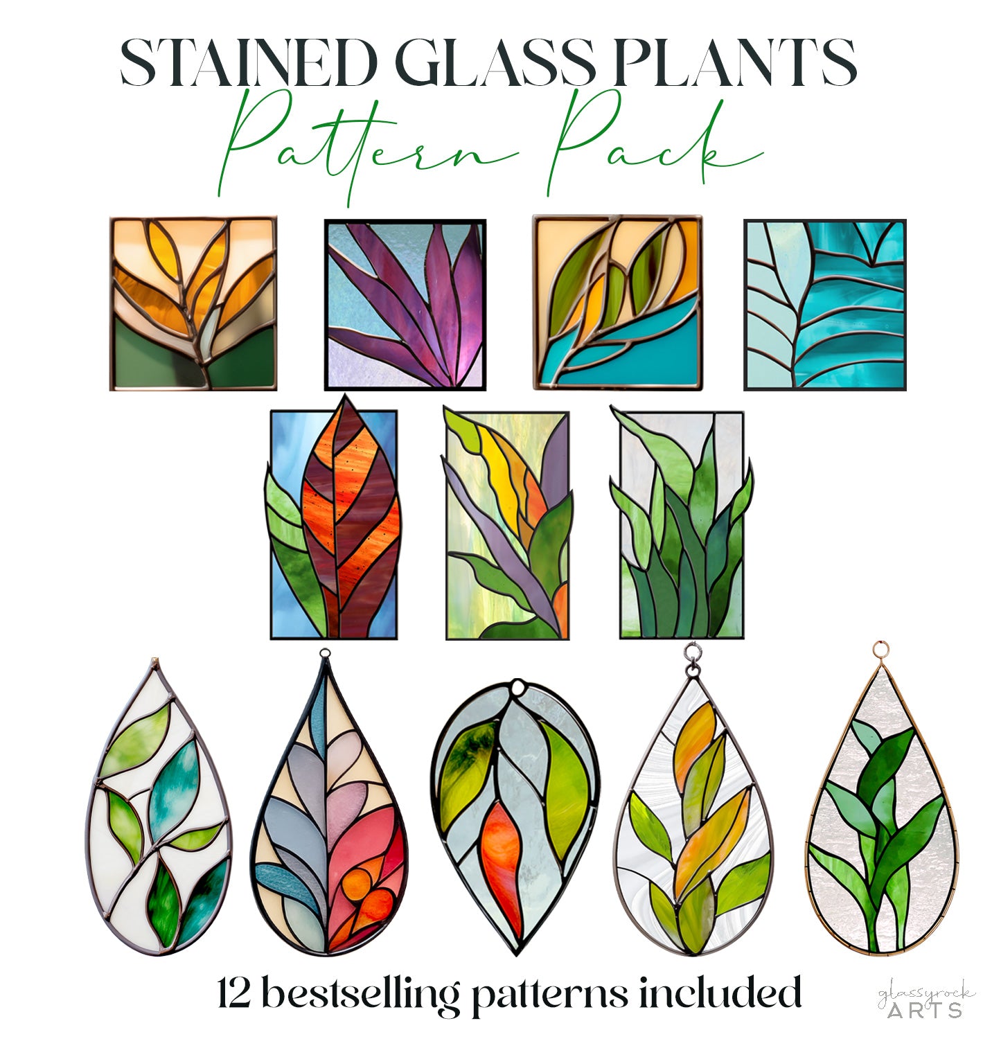 A picture of the Modern Stained Glass Leaf Patterns Pack of 12 from GlassyRock Arts. 