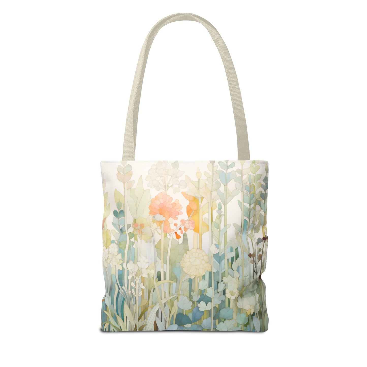 The Stained Glass Pastel Flowers Tote Bag features an original artist design with floral motifs in pastel green, pink, blue, and yellow. Made from durable polyester materials, it boasts a soft look and light handles. Available in three sizes.