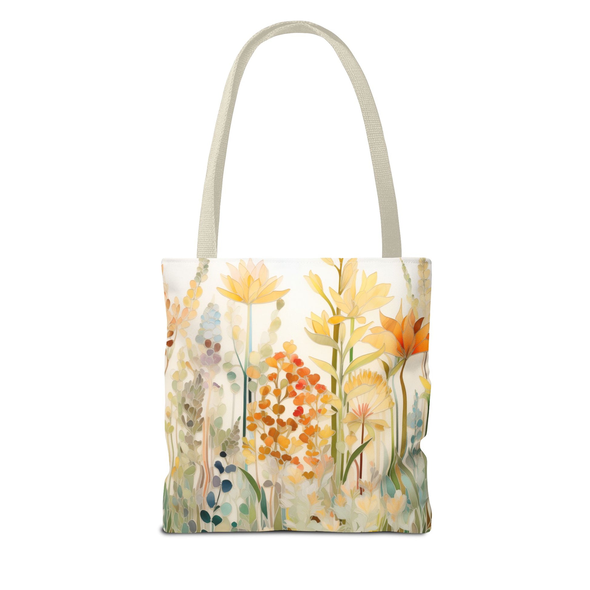 The Stained Glass Fall Flowers Tote Bag, made from durable polyester, features an original artists watercolor-style floral design in yellow, orange, blue, and peach on a white background. It has light grey handles and is available in three sizes.