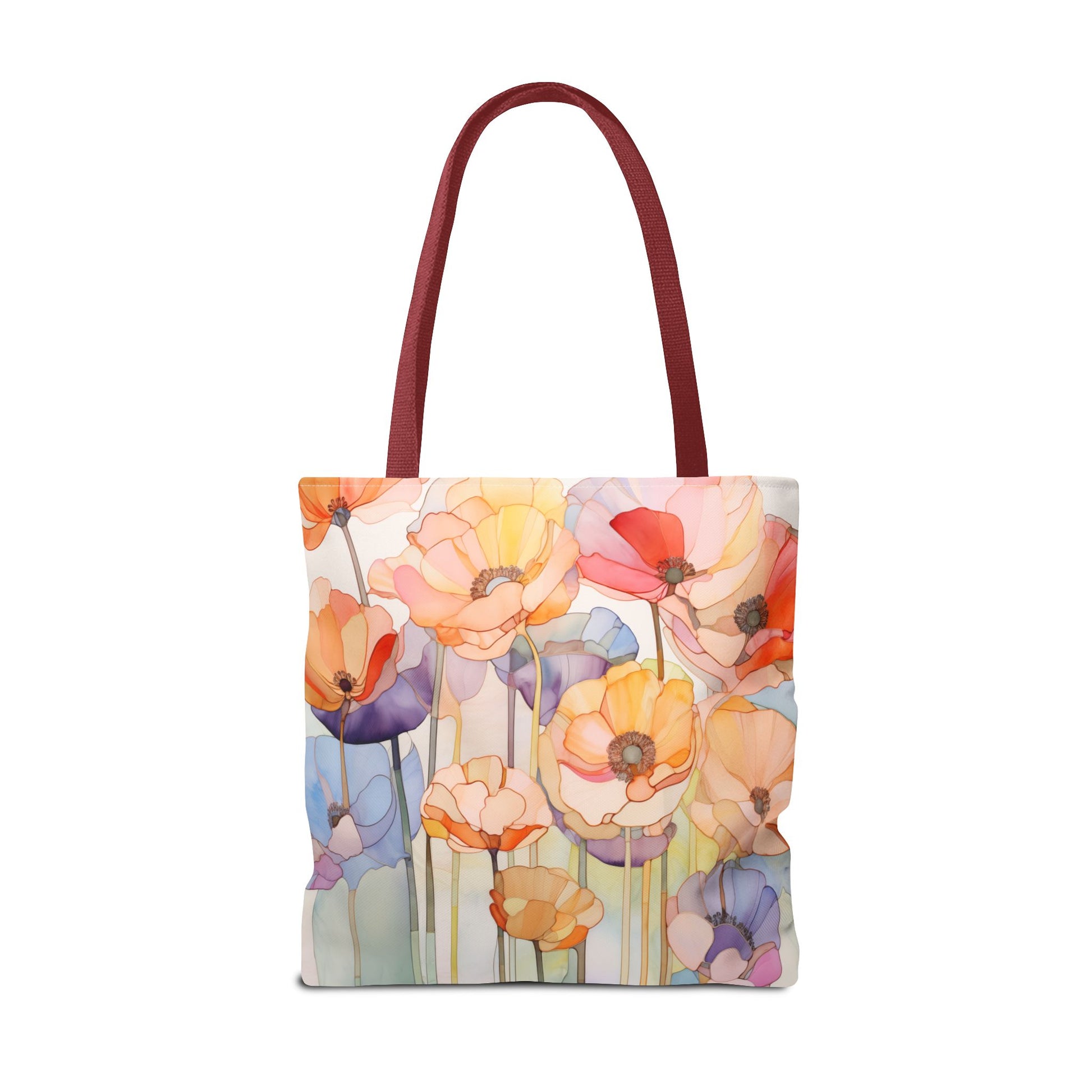 The "Stained Glass Poppy Flowers Tote Bag" comes in three sizes and is made of durable polyester, featuring dark red straps and a vibrant floral design with poppy flowers in orange, pink, and purple hues, reminiscent of stunning stained glass art.