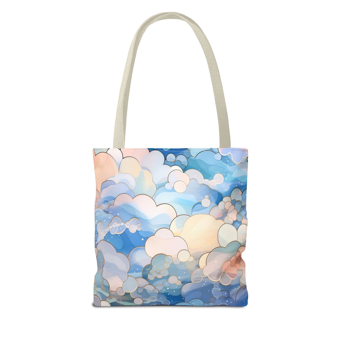 The Stained Glass Clouds Tote Bag features a dreamy abstract design in shades of blue, pink, and cream, resembling fluffy clouds. Crafted from durable polyester with light gray handles, it creates a vivid sky-like appearance. Available in three sizes.