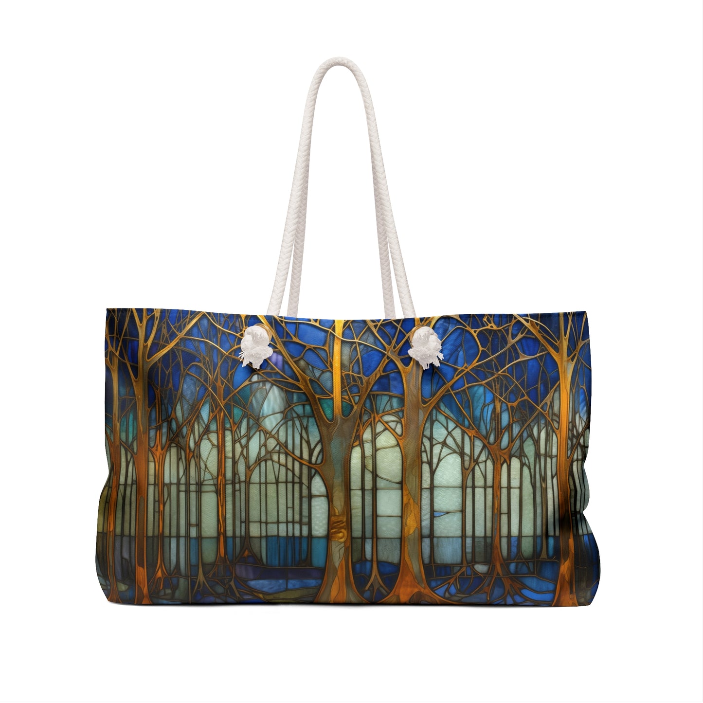 The Stained Glass Art Deco Forest Oversized Tote Bag, Blue, showcases a forest scene in stained glass-style with trees in blue, green, and brown hues. Two sturdy white rope handles complete this stylish and practical bag for daily adventures.