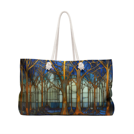 An image of the Stained Glass Art Deco Forest Oversized Tote Bag, Blue,white rope handles, by GlassyRock Arts