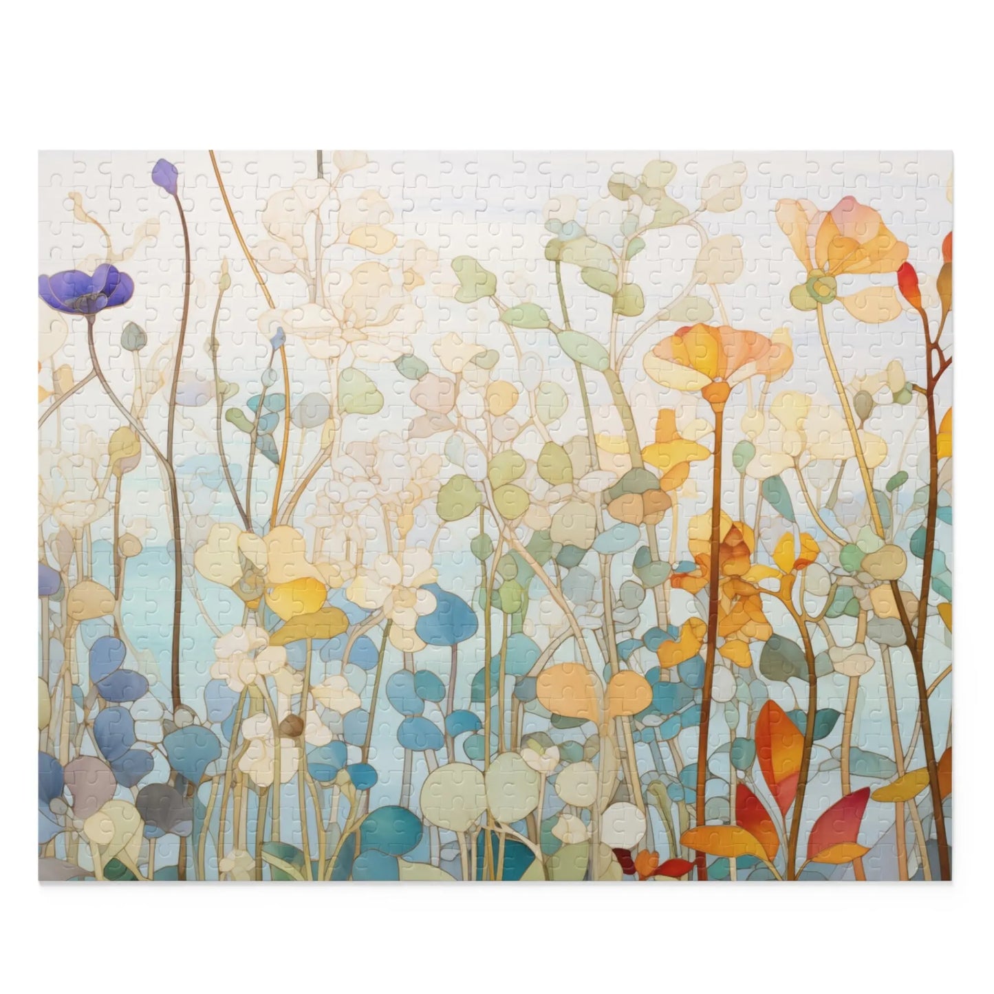 The Wildflower Botanicals Jigsaw Puzzle features a vibrant illustration of stylized flowers in blue, orange, and yellow with thin stems against a light background.