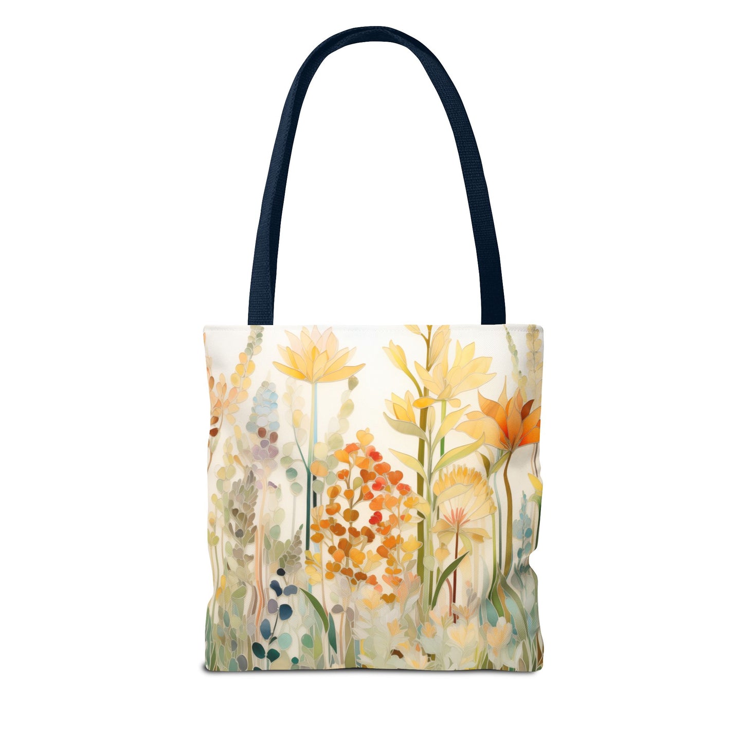 The Stained Glass Fall Flowers Tote Bag, available in 3 sizes, has black handles and is crafted from durable polyester materials. It features an original artist's illustrated pattern of colorful wildflowers in shades of orange, yellow, and light blue set against a white background, evoking the beauty and intricacy of stained glass art.