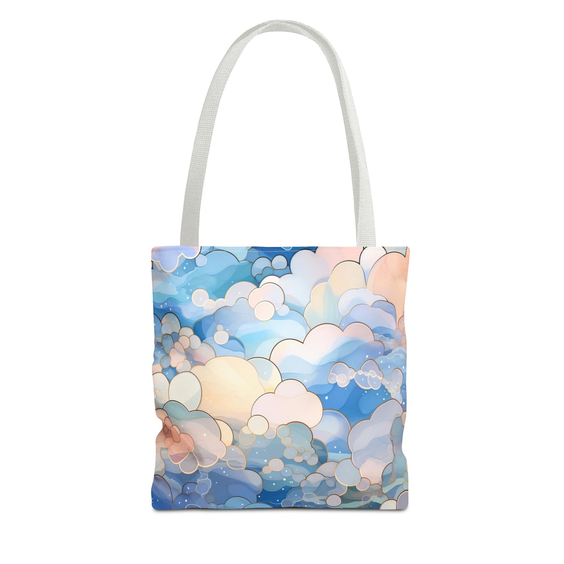 The Stained Glass Clouds Tote Bag features a durable polyester build and a colorful abstract design in blue, pink, and beige resembling clouds. Its plain white handles add simplicity. Available in 3 sizes.