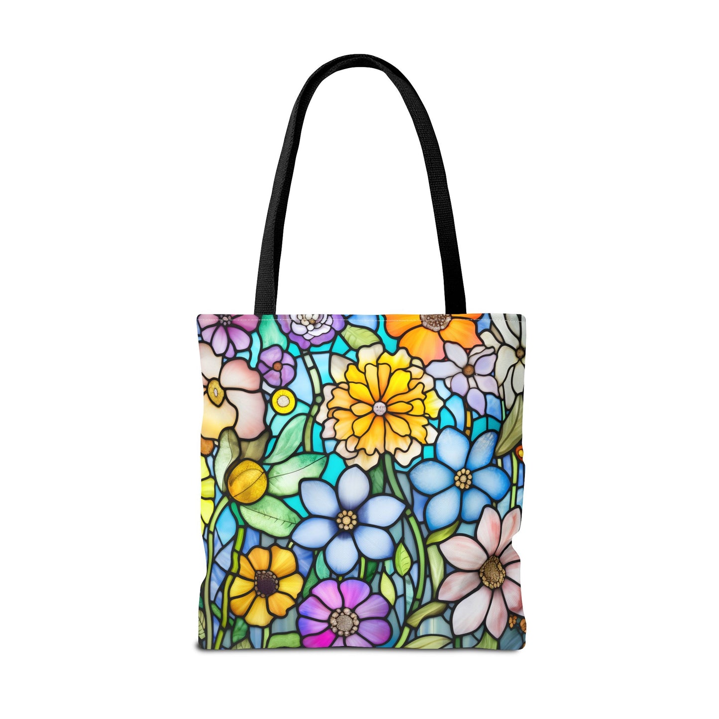 The Stained Glass Folk Art Flowers Tote Bag is a durable polyester tote bag with black handles. It features an original artist design of colorful flowers reminiscent of stained glass, in shades of yellow, blue, pink, and purple. Available in three sizes.