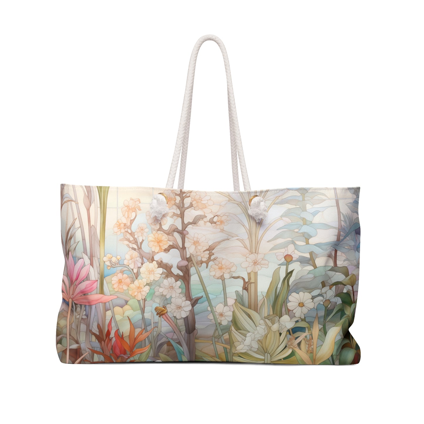 An image of the Stained Glass Floral Garden Oversized Tote Bag,white rope handles, by GlassyRock Arts