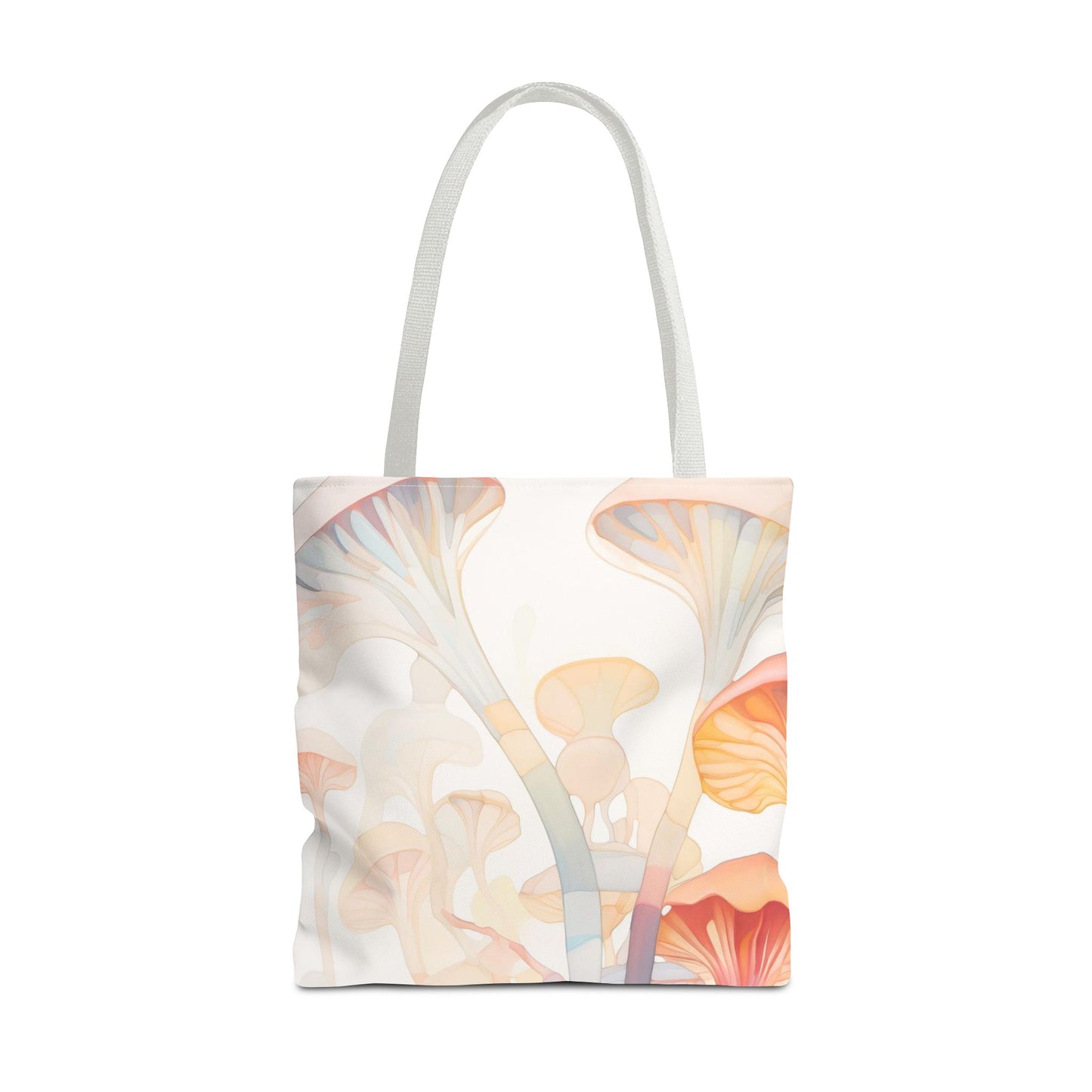 The Groovy Rainbow Mushrooms Stained Glass Tote Bag features abstract illustrations in soft pastels like orange, yellow, and gray on a white background, crafted from durable polyester. Available in three sizes.