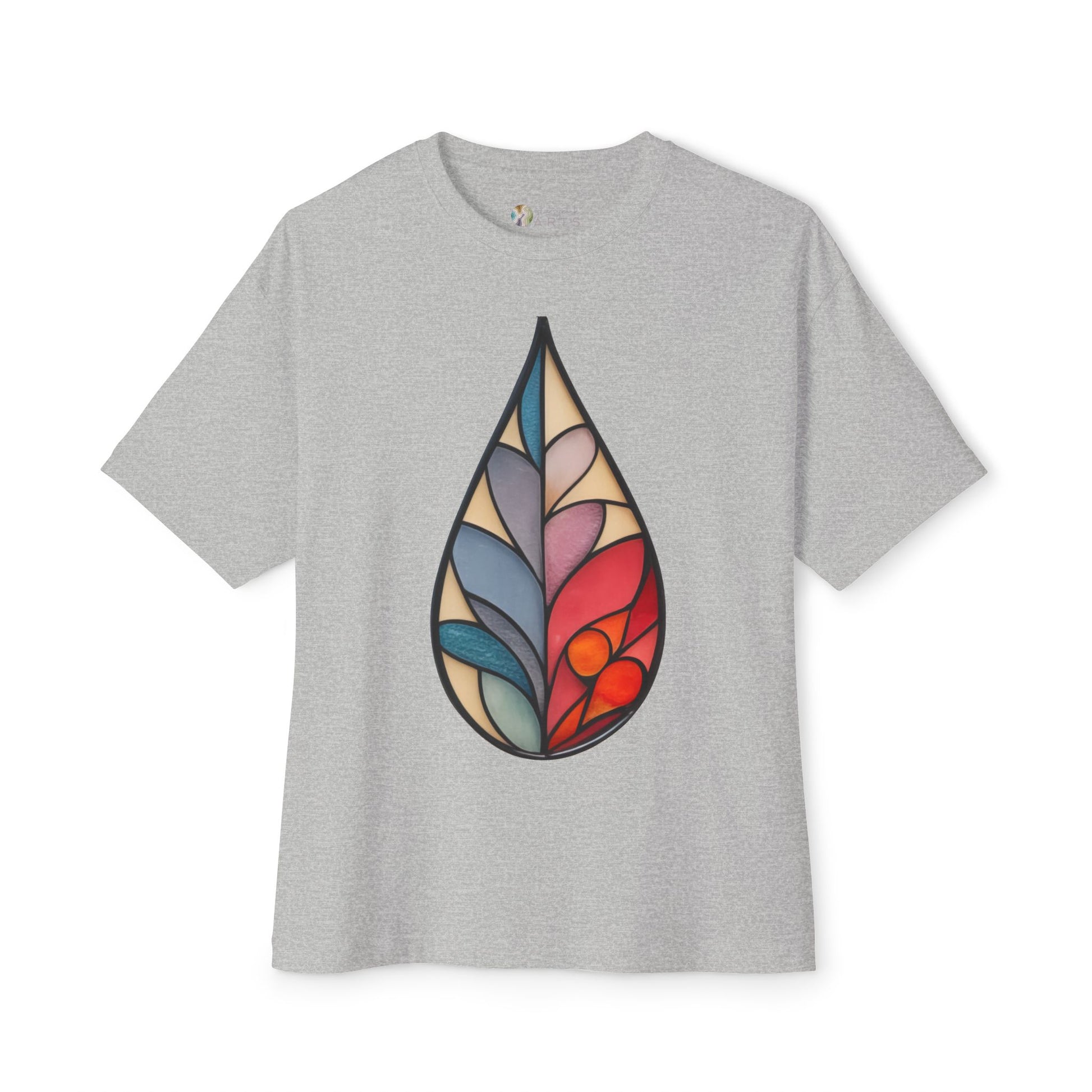 A light gray Stained Glass Botanical Raindrop Oversized Tee Shirt by Bella+Canvas featuring a large, colorful, abstract raindrop design in the center.