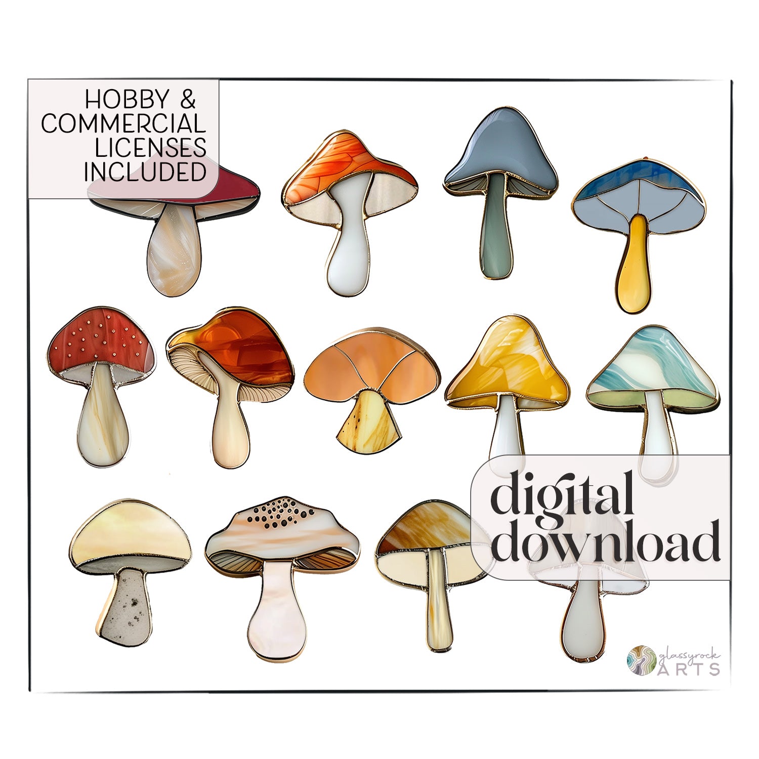 The Easy Mushroom Ornaments Stained Glass Patterns product features 12 colorful and stylized mushroom patterns with red spotted, orange, blue, and light blue caps. It includes hobby and commercial licenses for digital download—ideal for creating unique digital designs.