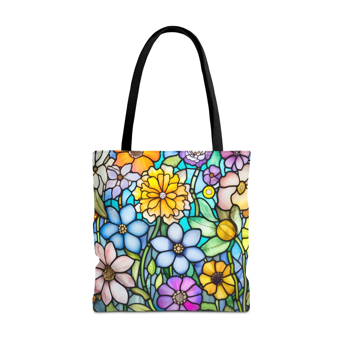 The Stained Glass Folk Art Flowers Tote Bag, made of durable polyester, features a vibrant stained glass flower design in blue, yellow, pink, and purple. It includes sturdy black handles and comes in 3 sizes.