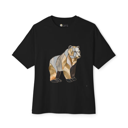 Introducing the Stained Glass Grizzly Bear Oversized Tee Shirt: a black T-shirt showcasing a stylized geometric bear design in an array of brown, beige, and white hues, inspired by stained glass art.